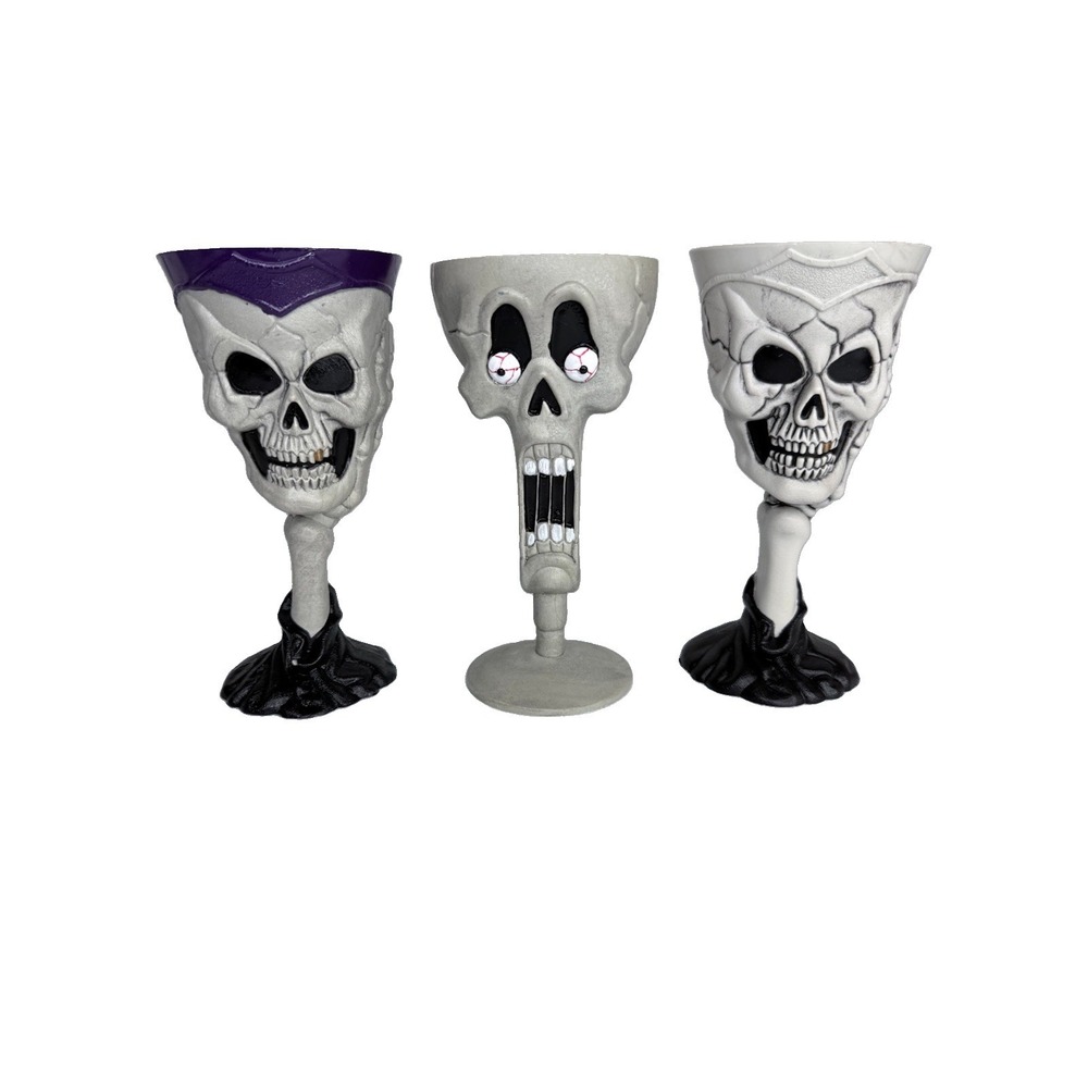 Vintage Skeleton Skull Molded Plastic Goblet Cup Set Of 3 Halloween Decoration